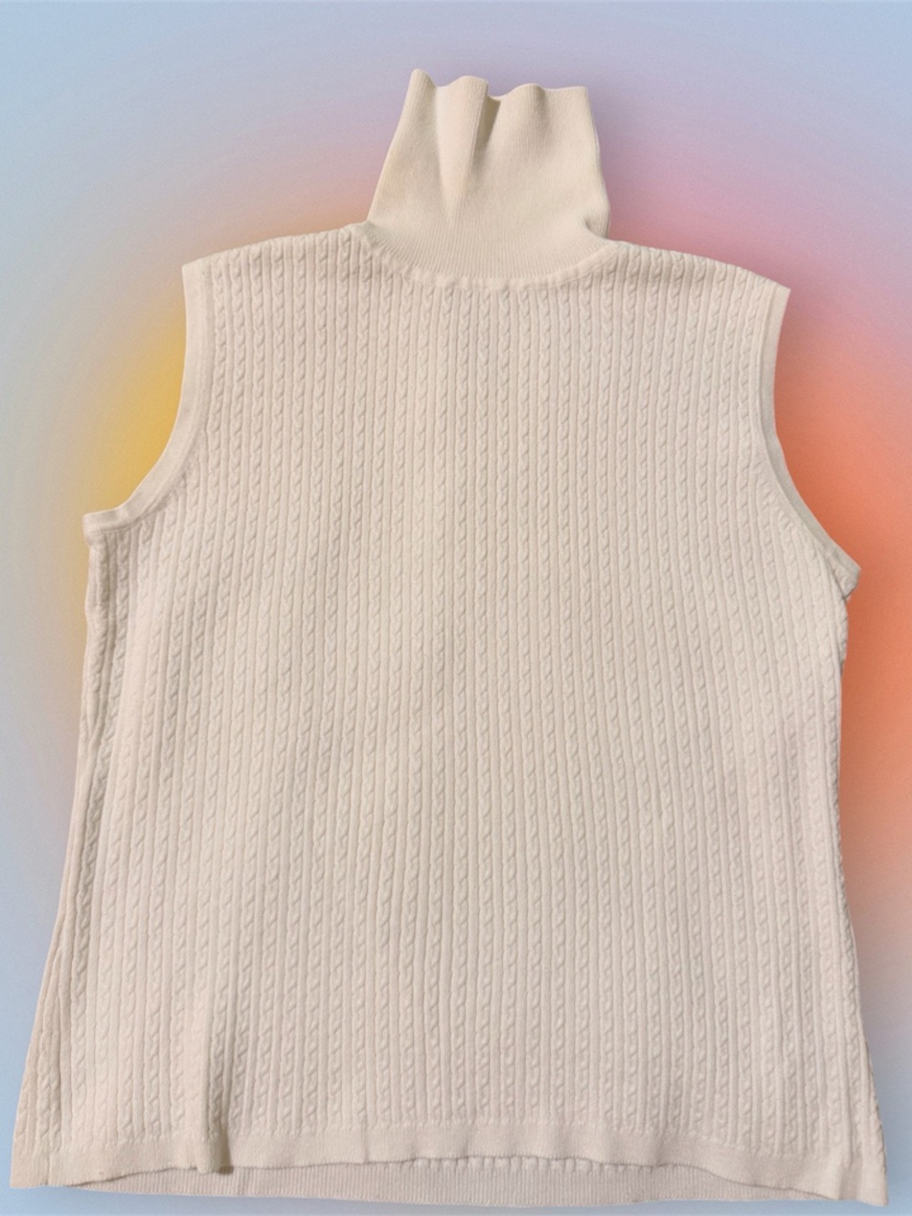 White Cable Knit Sleeveless Turtleneck Top, Women’s Size L